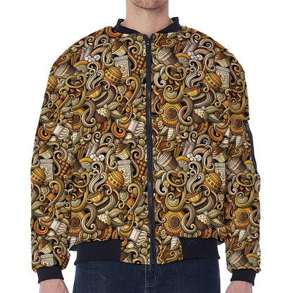 Coffee Drawing Pattern Print Zip Sleeve Bomber Jacket