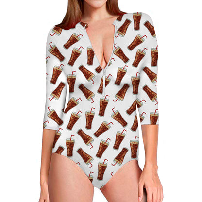 Cola Pattern Print Long Sleeve Swimsuit