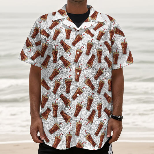 Cola Pattern Print Textured Short Sleeve Shirt