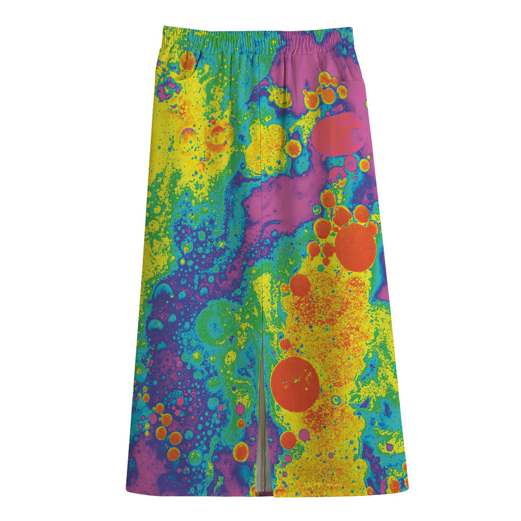 Colorful Acid Melt Print Cotton Front Slit Maxi Skirt