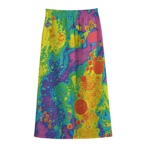 Colorful Acid Melt Print Cotton Front Slit Maxi Skirt