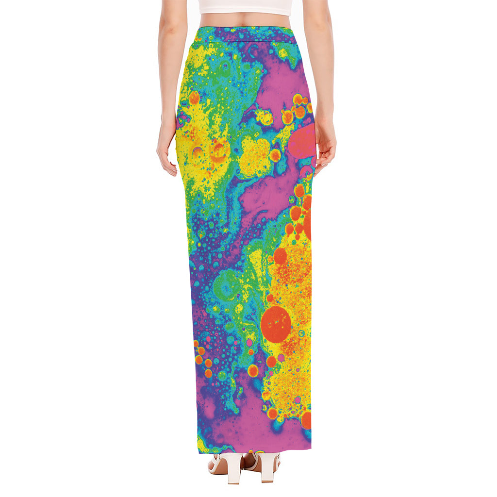 Colorful Acid Melt Print High Slit Maxi Skirt