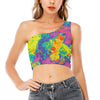 Colorful Acid Melt Print One Shoulder Crop Top