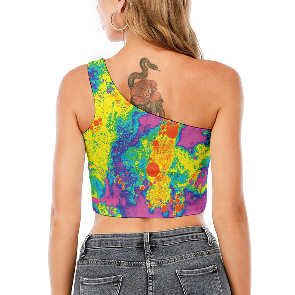 Colorful Acid Melt Print One Shoulder Crop Top