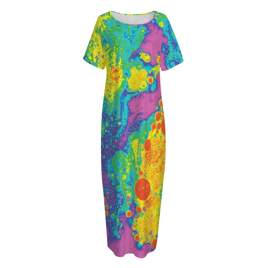 Colorful Acid Melt Print Short Sleeve Long Nightdress