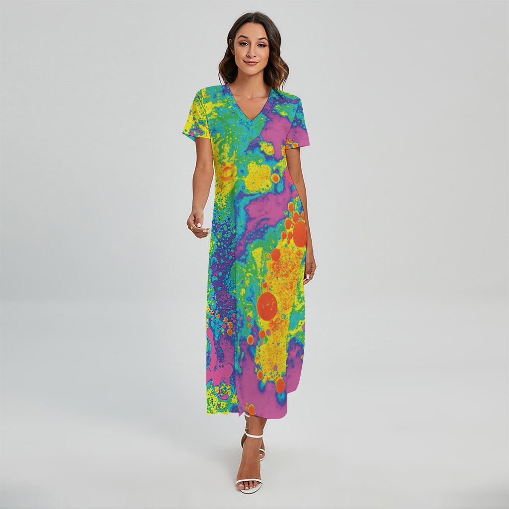 Colorful Acid Melt Print Short Sleeve Maxi Dress