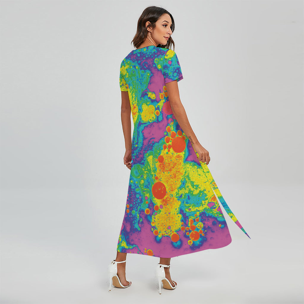 Colorful Acid Melt Print Short Sleeve Maxi Dress