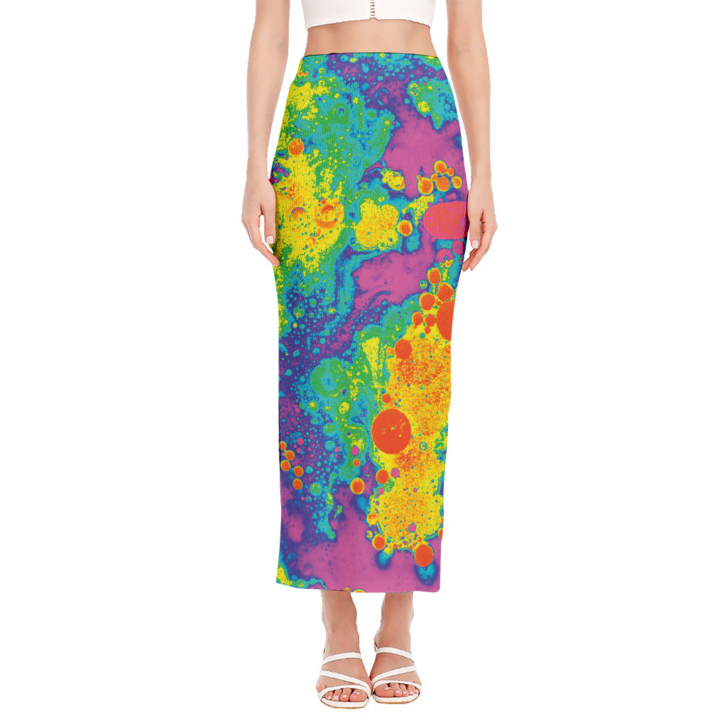 Colorful Acid Melt Print Side Slit Maxi Skirt