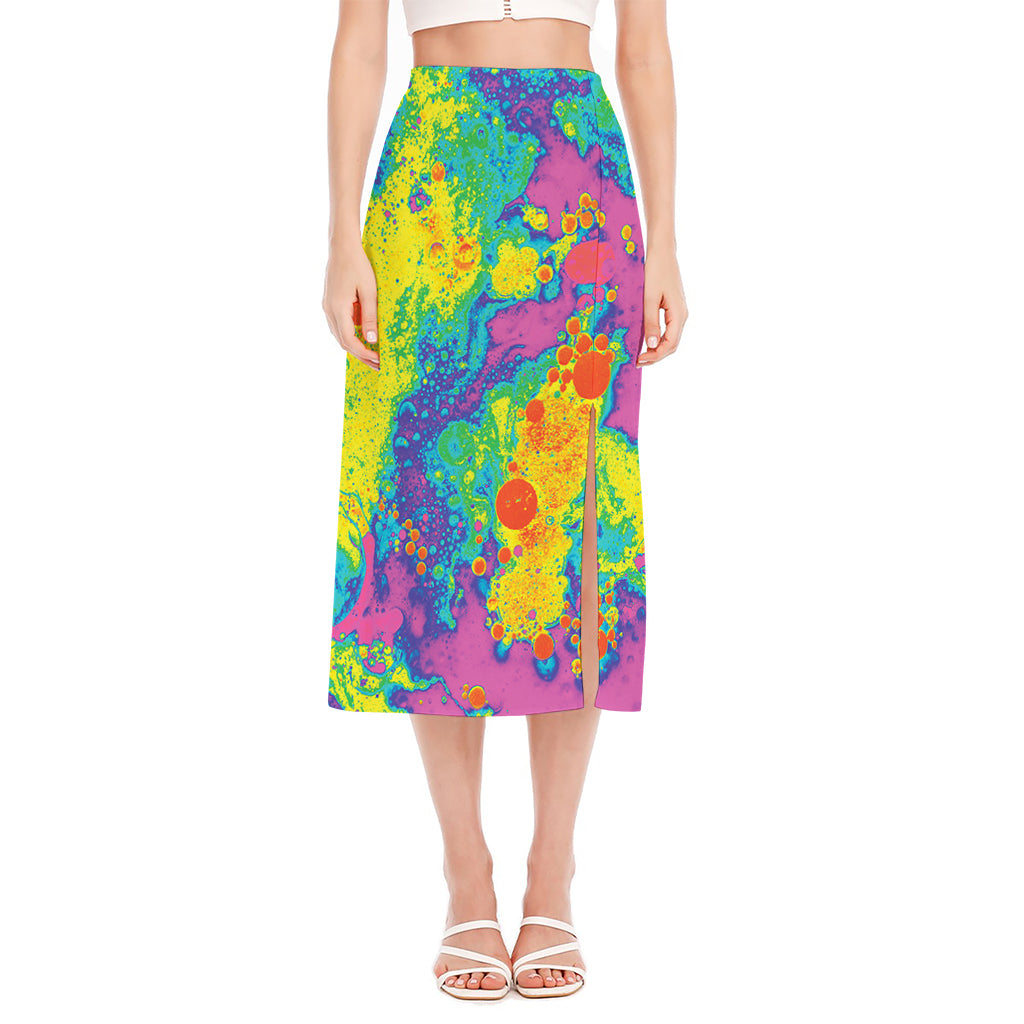 Colorful Acid Melt Print Side Slit Midi Skirt