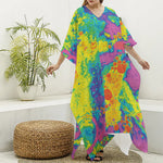 Colorful Acid Melt Print Silk V-Neck Kaftan Dress