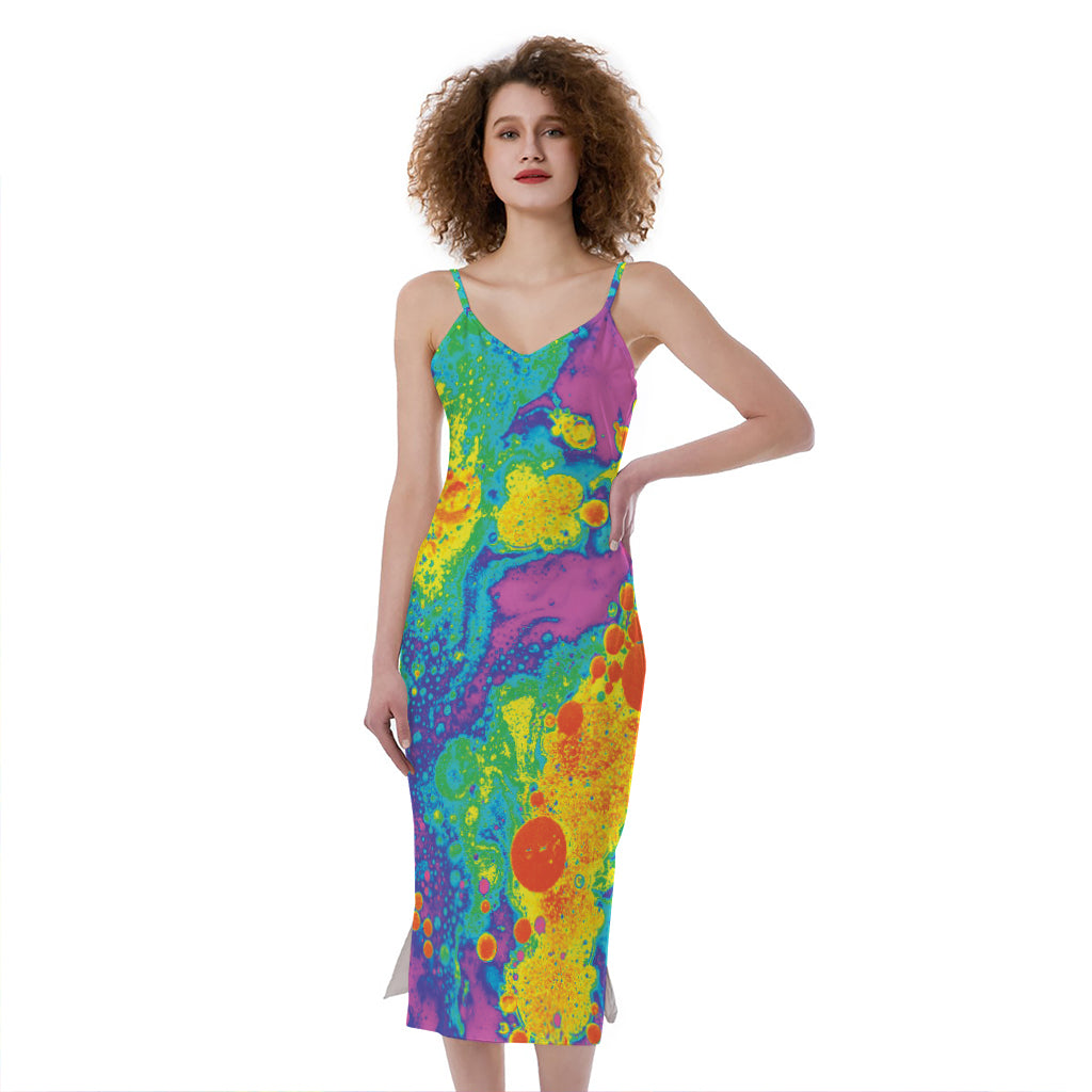 Colorful Acid Melt Print Slim Fit Midi Cami Dress