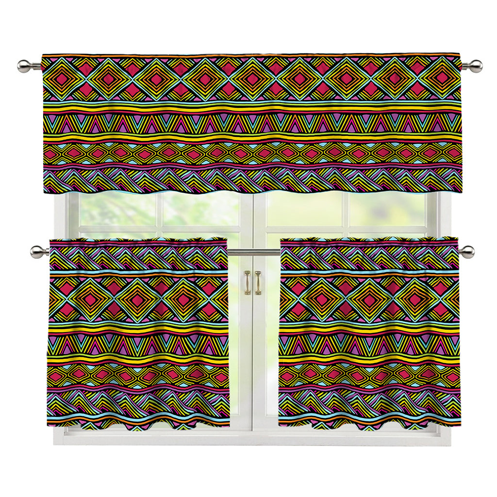 Colorful African Inspired Pattern Print 3 Piece Kitchen Curtains