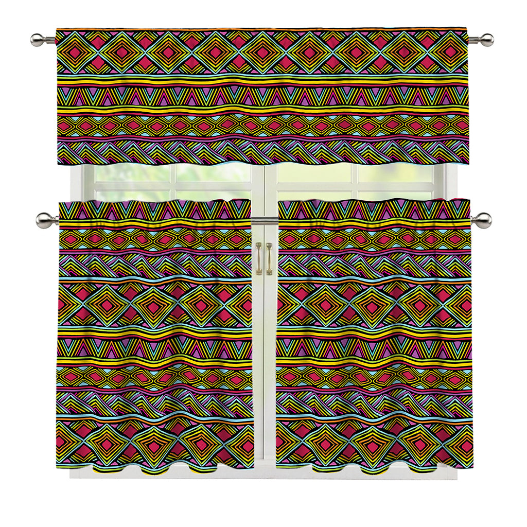 Colorful African Inspired Pattern Print 3 Piece Kitchen Curtains