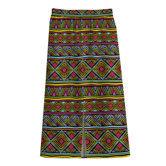 Colorful African Inspired Pattern Print Cotton Front Slit Maxi Skirt