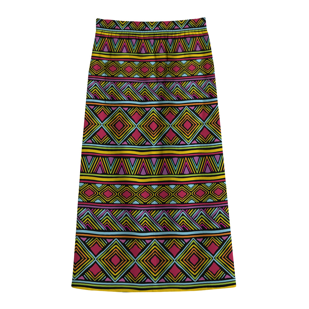 Colorful African Inspired Pattern Print Cotton Front Slit Maxi Skirt