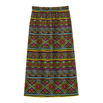 Colorful African Inspired Pattern Print Cotton Front Slit Maxi Skirt