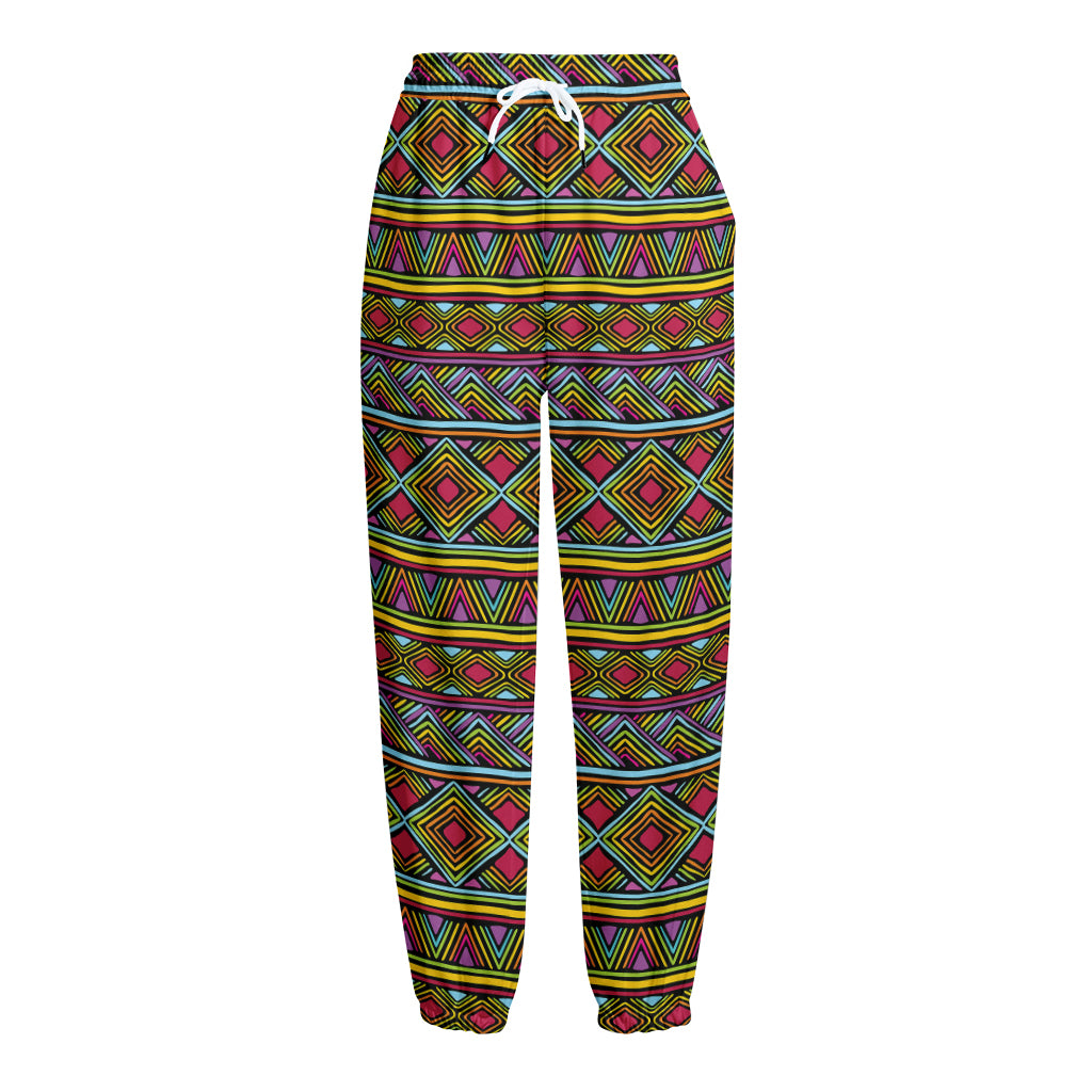 Colorful African Inspired Pattern Print Fleece Lined Knit Pants