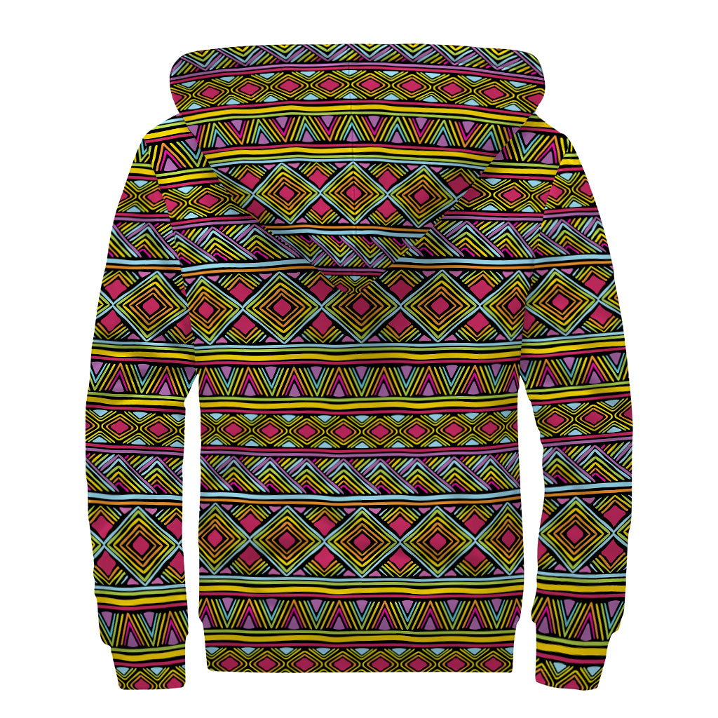Colorful African Inspired Pattern Print Sherpa Lined Zip Up Hoodie