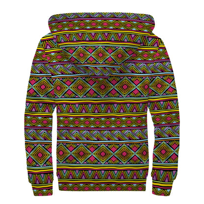 Colorful African Inspired Pattern Print Sherpa Lined Zip Up Hoodie