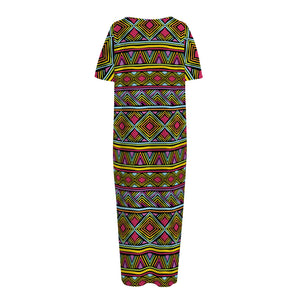 Colorful African Inspired Pattern Print Short Sleeve Long Nightdress