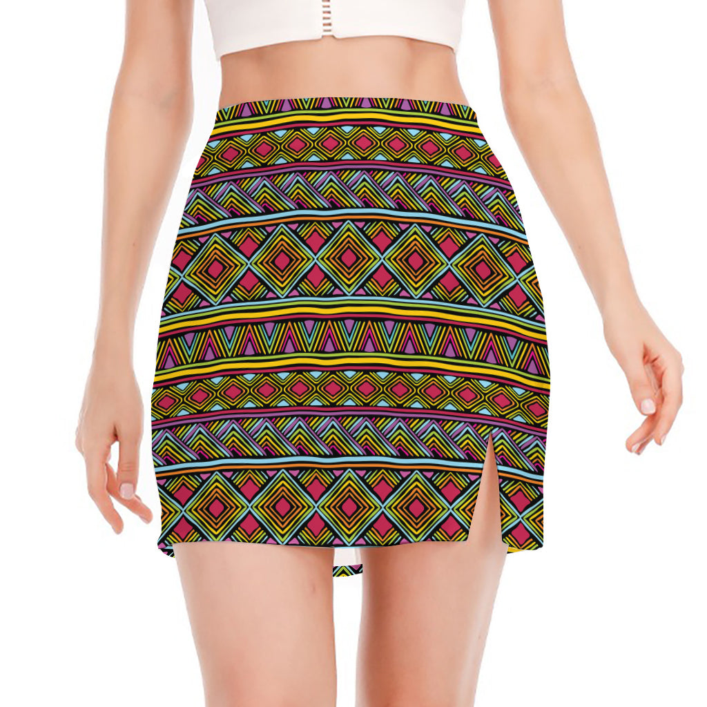 Colorful African Inspired Pattern Print Side Slit Mini Skirt