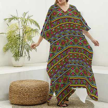 Colorful African Inspired Pattern Print Silk V-Neck Kaftan Dress
