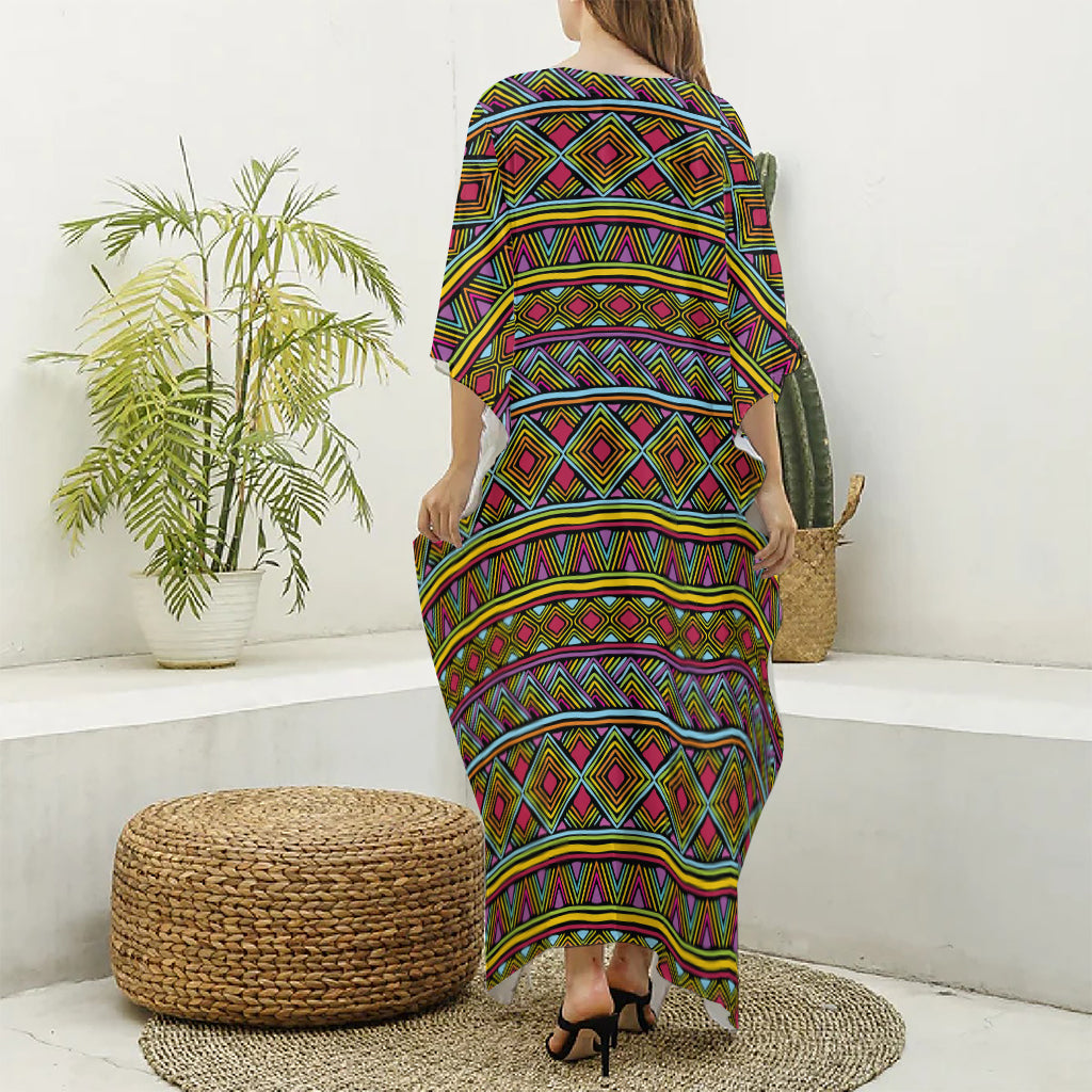 Colorful African Inspired Pattern Print Silk V-Neck Kaftan Dress