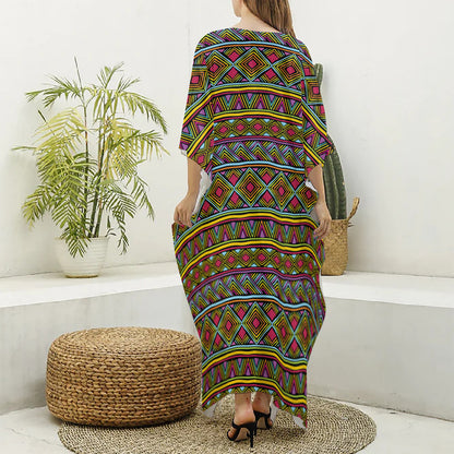 Colorful African Inspired Pattern Print Silk V-Neck Kaftan Dress