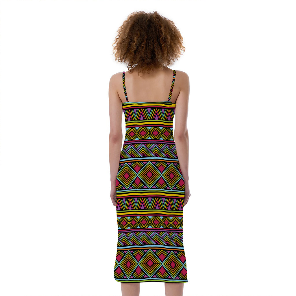 Colorful African Inspired Pattern Print Slim Fit Midi Cami Dress