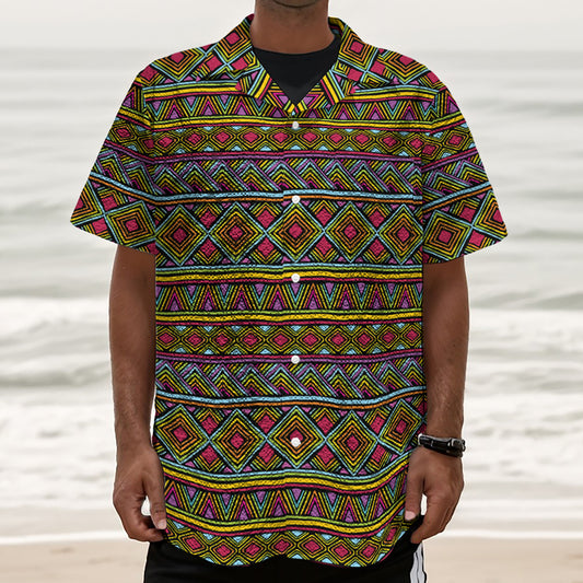 Colorful African Inspired Pattern Print Textured Short Sleeve Shirt