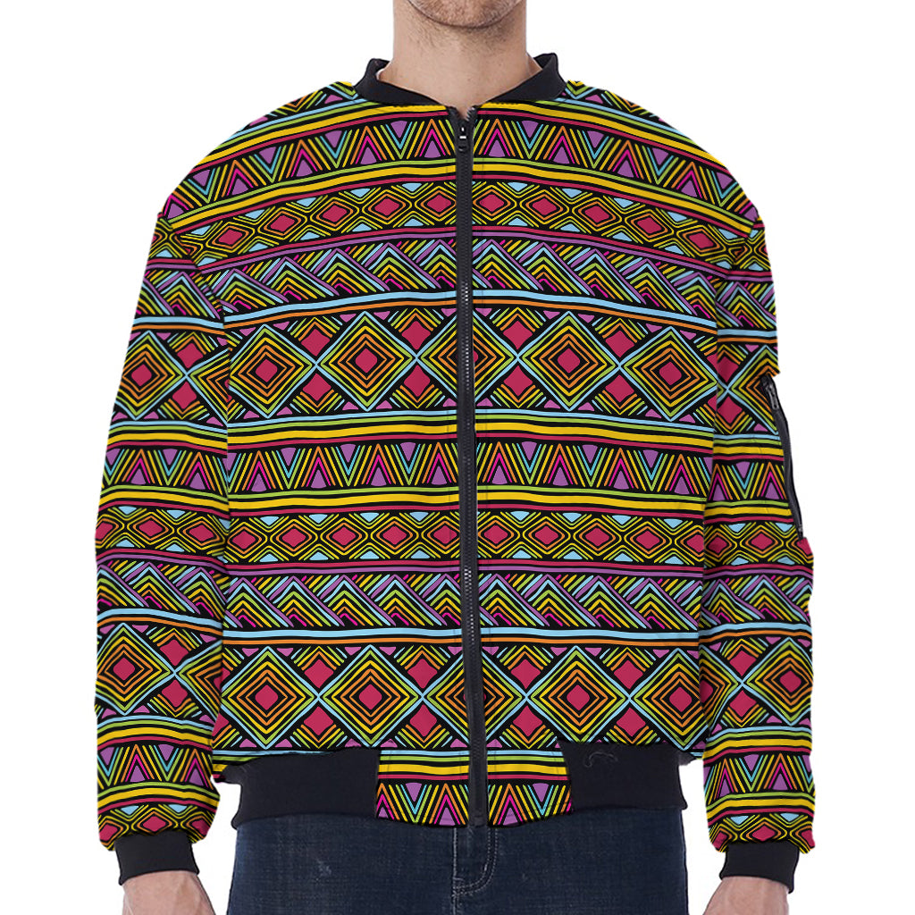 Colorful African Inspired Pattern Print Zip Sleeve Bomber Jacket