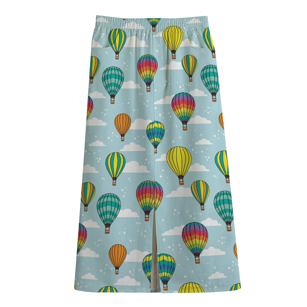 Colorful Air Balloon Pattern Print Cotton Front Slit Maxi Skirt