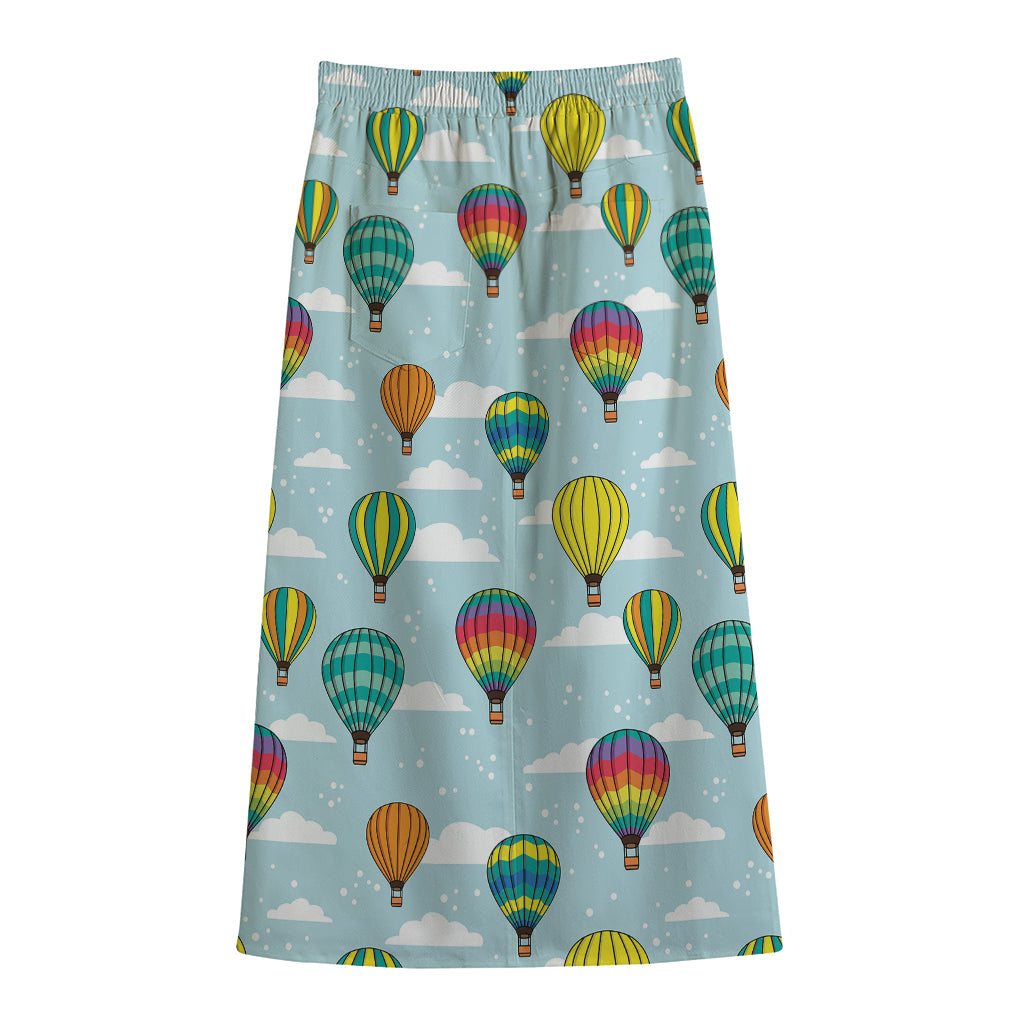 Colorful Air Balloon Pattern Print Cotton Front Slit Maxi Skirt