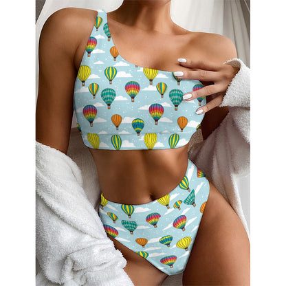 Colorful Air Balloon Pattern Print One Shoulder Bikini Top