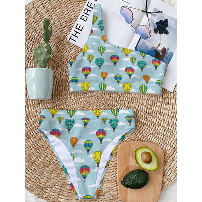 Colorful Air Balloon Pattern Print One Shoulder Bikini Top
