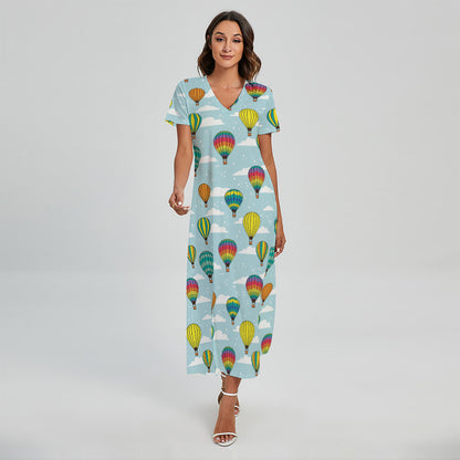 Colorful Air Balloon Pattern Print Short Sleeve Maxi Dress