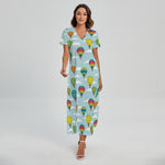 Colorful Air Balloon Pattern Print Short Sleeve Maxi Dress