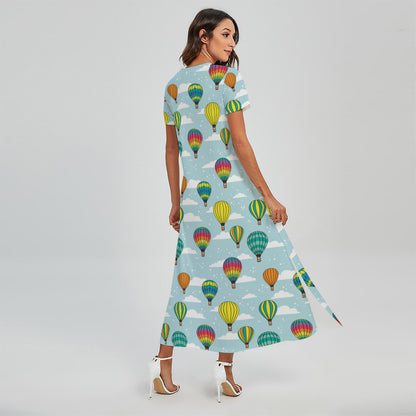 Colorful Air Balloon Pattern Print Short Sleeve Maxi Dress