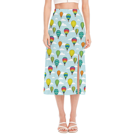 Colorful Air Balloon Pattern Print Side Slit Midi Skirt