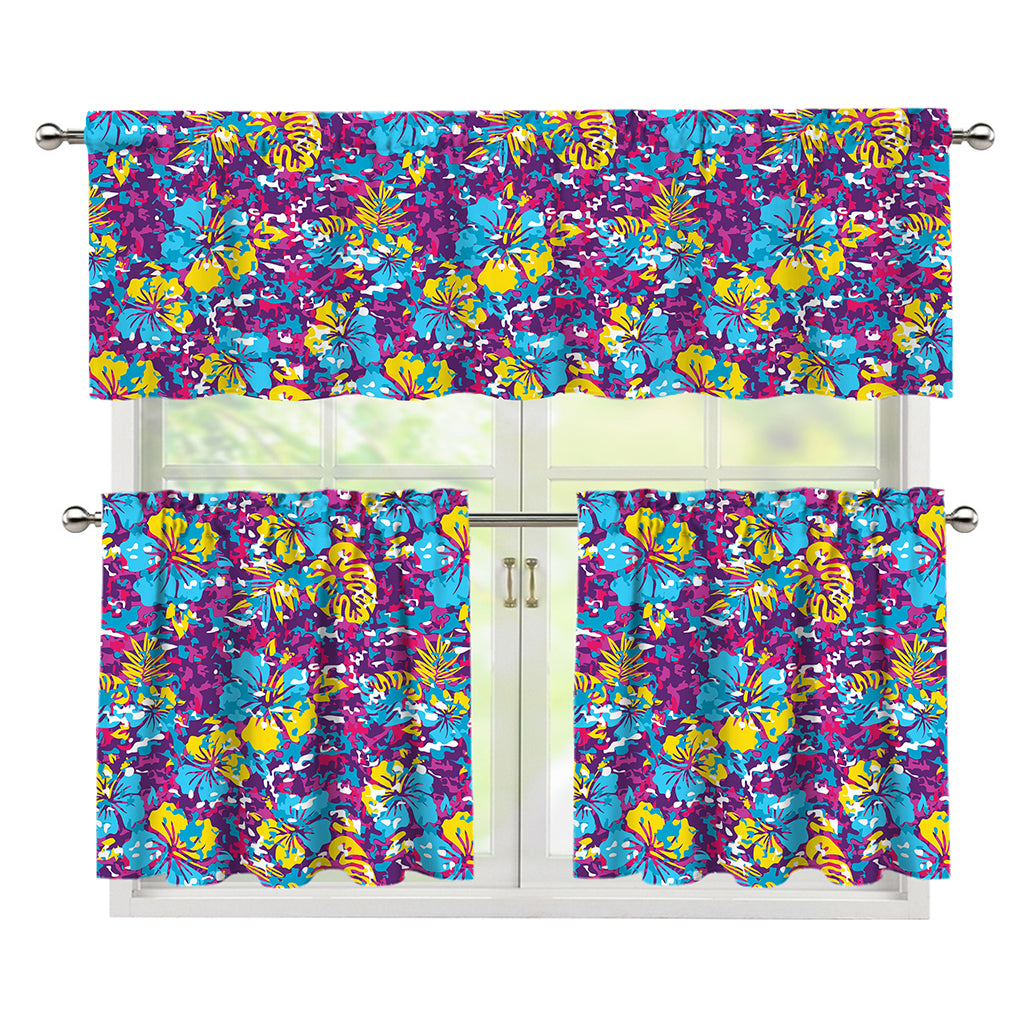 Colorful Aloha Camouflage Flower Print 3 Piece Kitchen Curtains