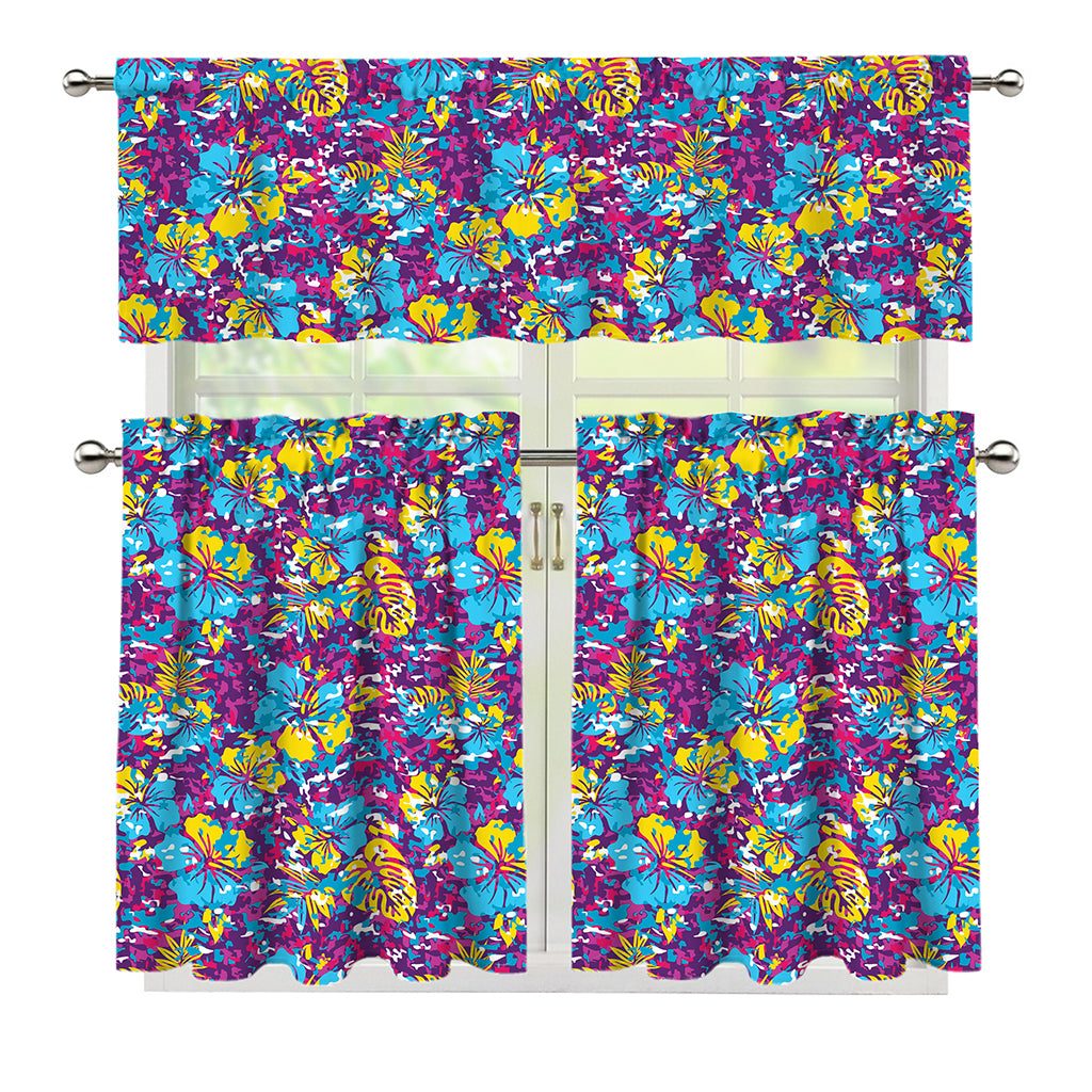 Colorful Aloha Camouflage Flower Print 3 Piece Kitchen Curtains