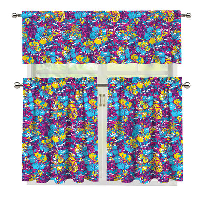 Colorful Aloha Camouflage Flower Print 3 Piece Kitchen Curtains