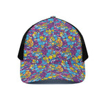 Colorful Aloha Camouflage Flower Print Black Mesh Trucker Cap