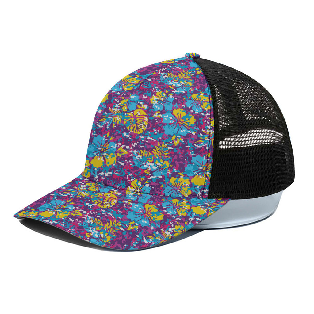Colorful Aloha Camouflage Flower Print Black Mesh Trucker Cap