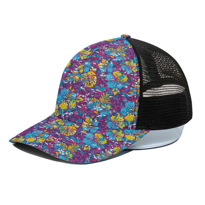 Colorful Aloha Camouflage Flower Print Black Mesh Trucker Cap