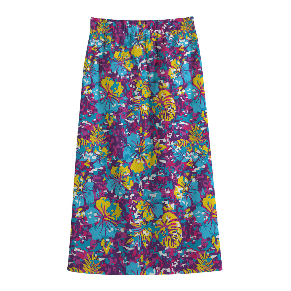 Colorful Aloha Camouflage Flower Print Cotton Front Slit Maxi Skirt