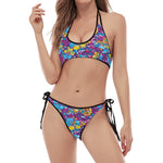 Colorful Aloha Camouflage Flower Print Halter Scoop Tie Side Bikini