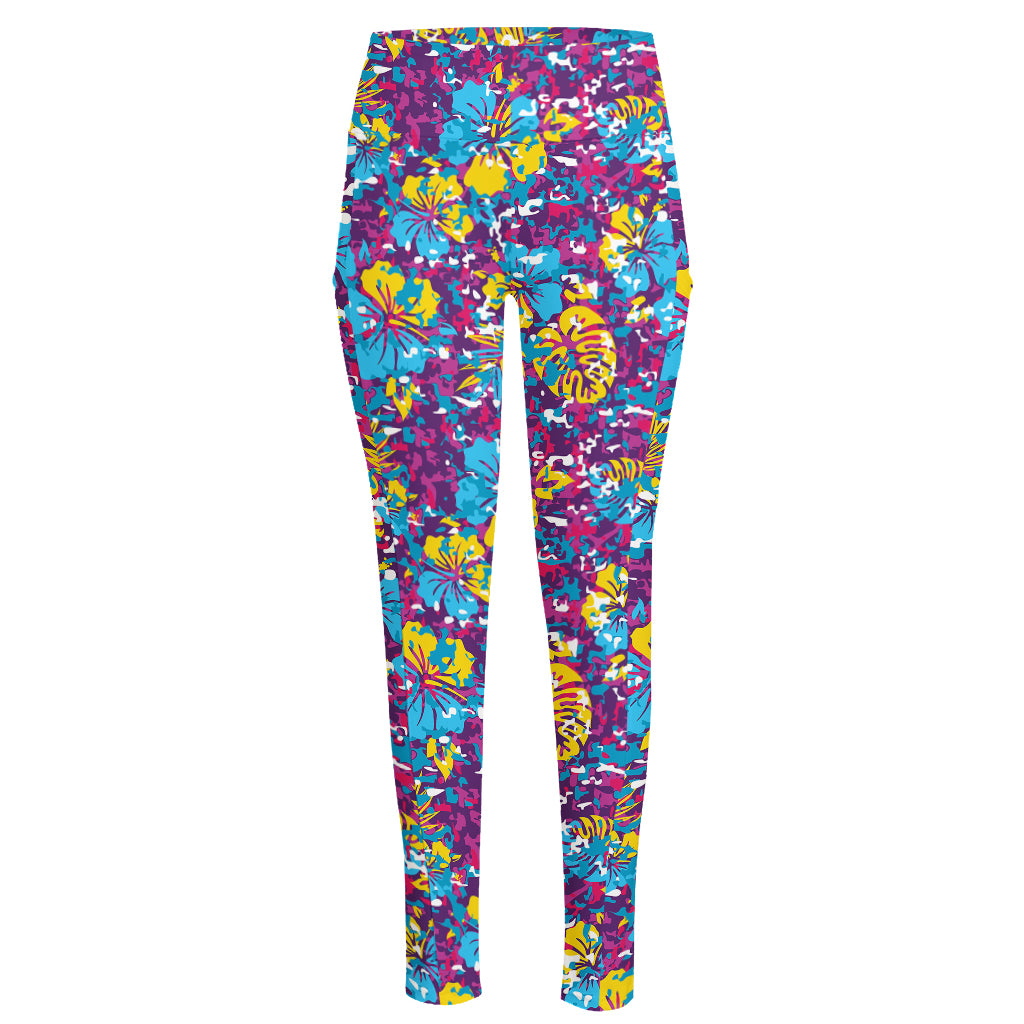 Colorful Aloha Camouflage Flower Print High-Waisted Pocket Leggings