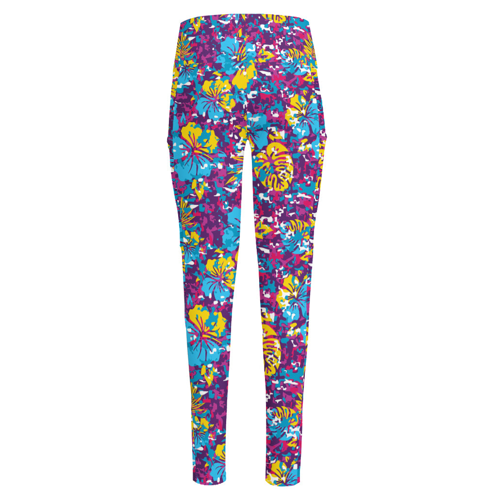 Colorful Aloha Camouflage Flower Print High-Waisted Pocket Leggings