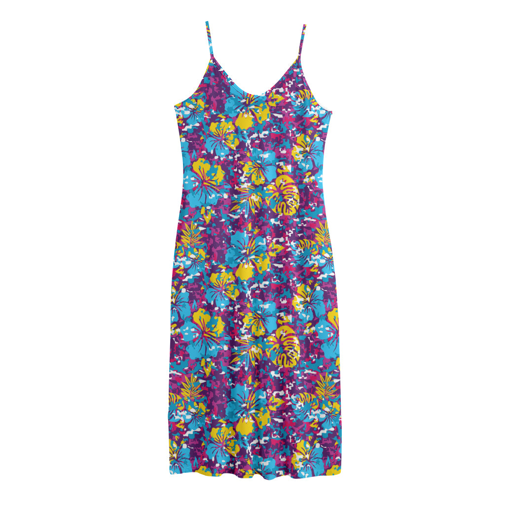 Colorful Aloha Camouflage Flower Print Jersey Midi Cami Dress